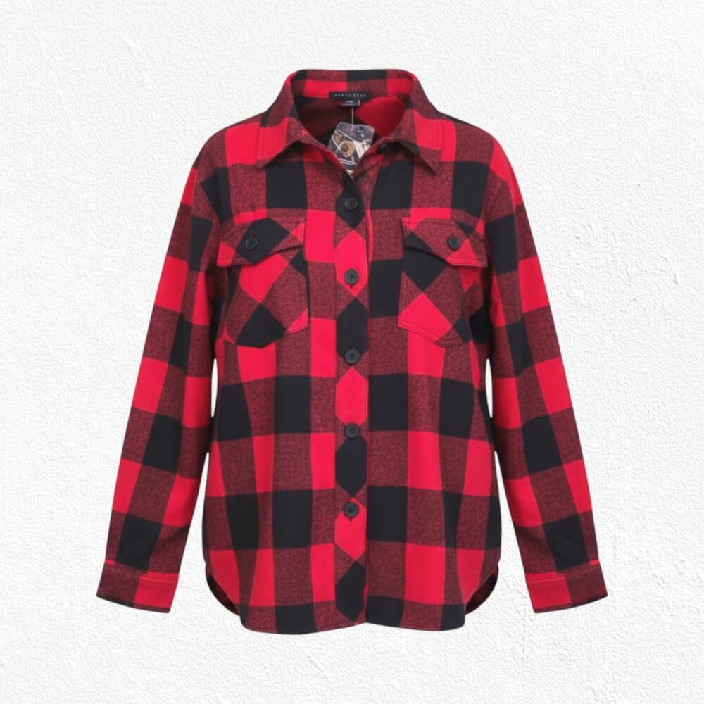 Sanctuary Red Black Buffalo Plaid Button Up Flannel Shirt Shacket Size Medium